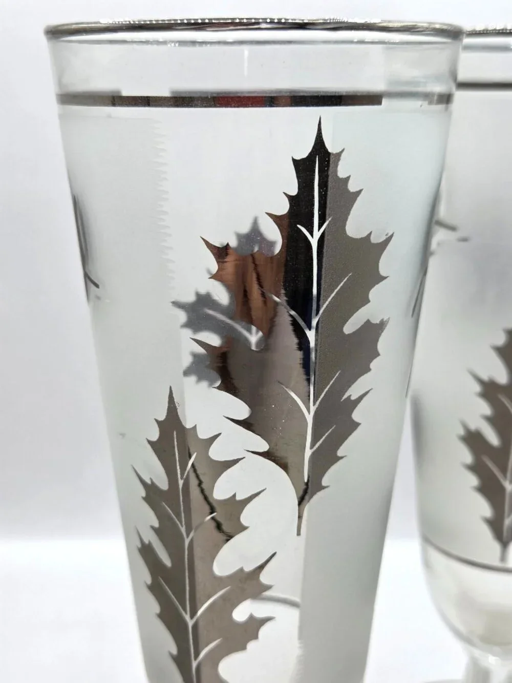 Vtg Libbey Silver Foliage Leaf Footed Pilsner Glasses Set Of 4 Frosted Champagne - Picture 6 of 12